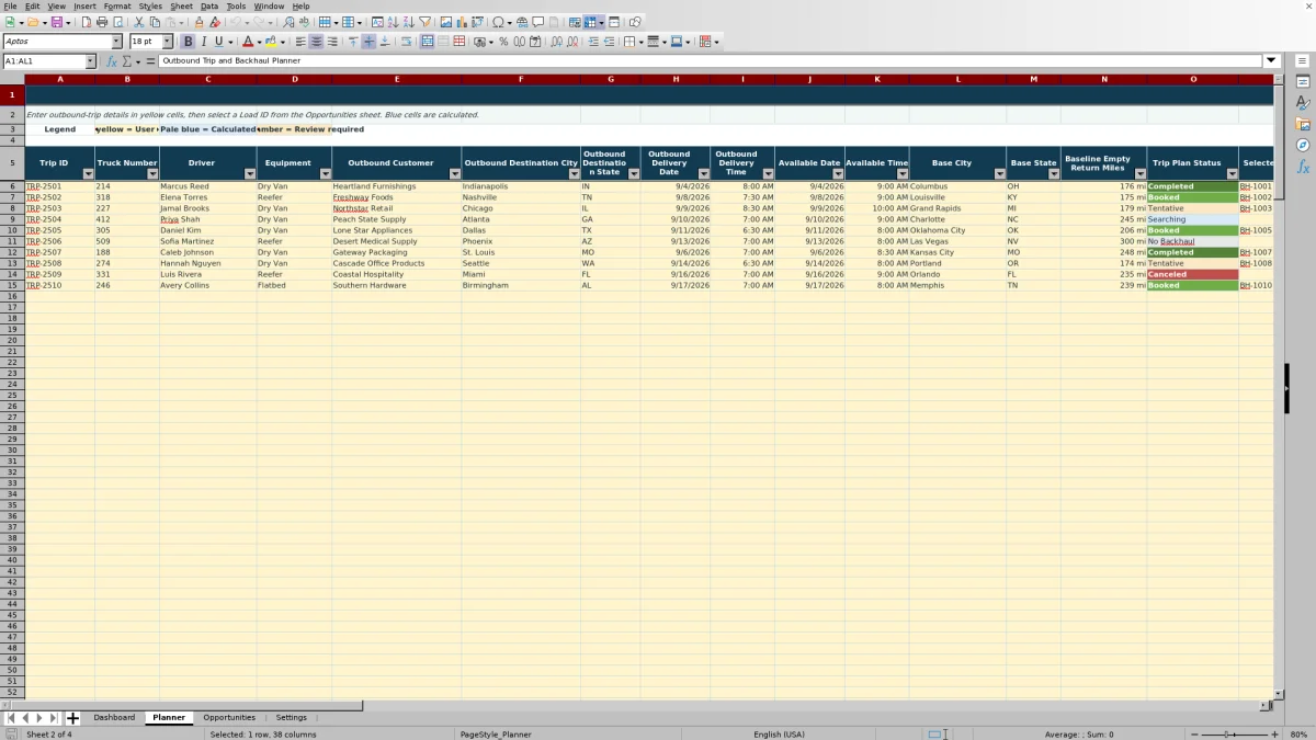 Preview 2: Planner sheet — backhaul planning spreadsheet