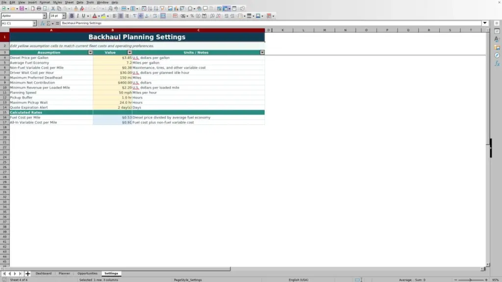 Settings preview for Backhaul Planning Spreadsheet for Excel: Free Template for 2026