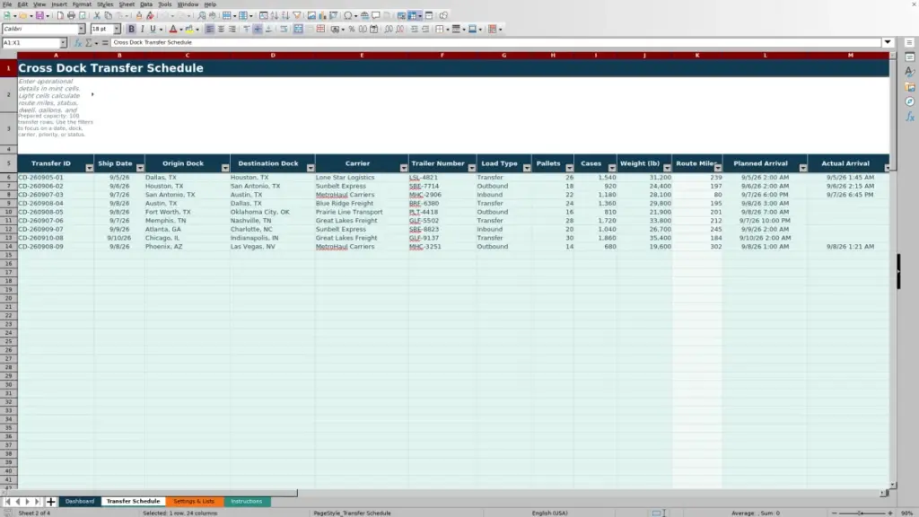 Transfer Schedule preview for 2026 Cross Dock Transfer Schedule Spreadsheet for Excel — Free Template
