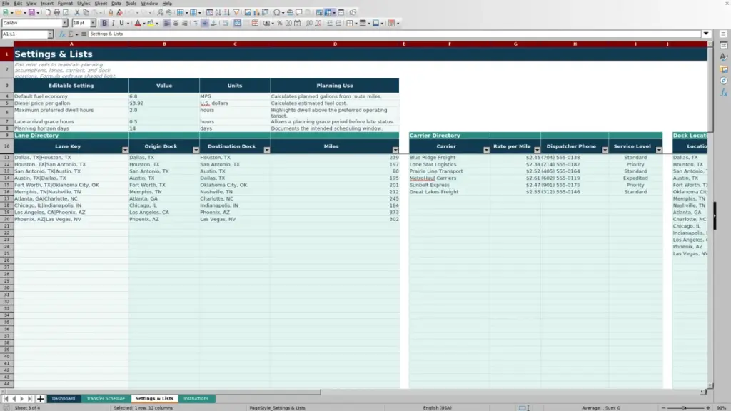 Settings & Lists preview for 2026 Cross Dock Transfer Schedule Spreadsheet for Excel — Free Template