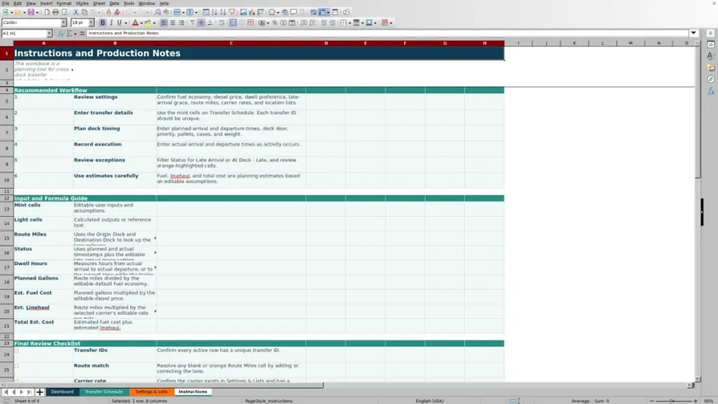 Instructions preview for 2026 Cross Dock Transfer Schedule Spreadsheet for Excel — Free Template