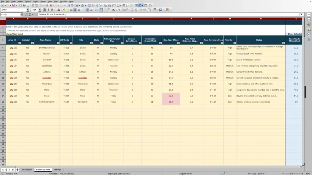 Service Areas preview for 2026 Delivery Service Area Planning Spreadsheet Excel Free Template