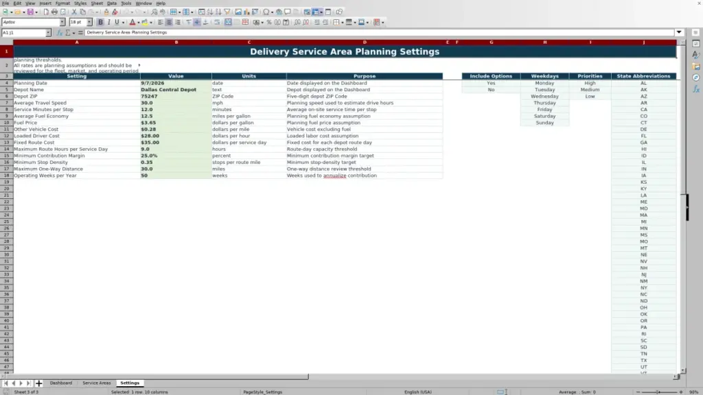 Settings preview for 2026 Delivery Service Area Planning Spreadsheet Excel Free Template