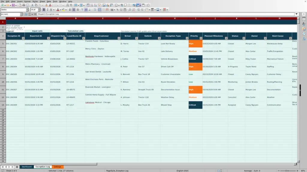 Exception Log preview for Dispatch Exception Tracking Spreadsheet for Excel: Free Template 2026