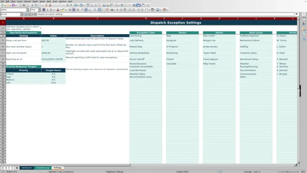 Settings preview for Dispatch Exception Tracking Spreadsheet for Excel: Free Template 2026