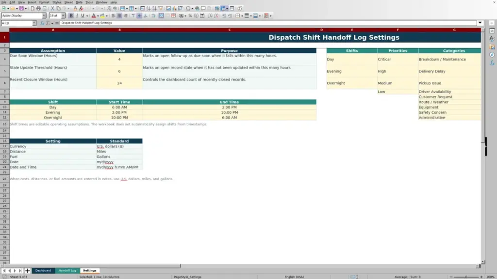 Settings preview for Dispatch Shift Handoff Log Template for Excel: Free Template for 2026