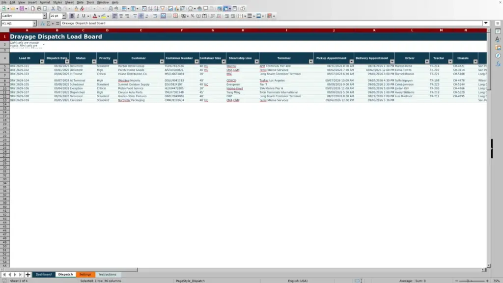 Dispatch preview for 2026 Drayage Dispatch Spreadsheet in Excel — Free Template
