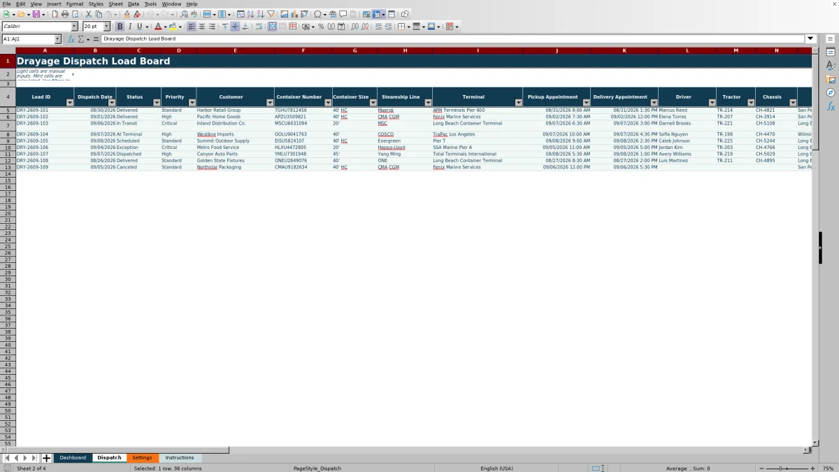 Preview 2: Dispatch sheet — drayage dispatch spreadsheet