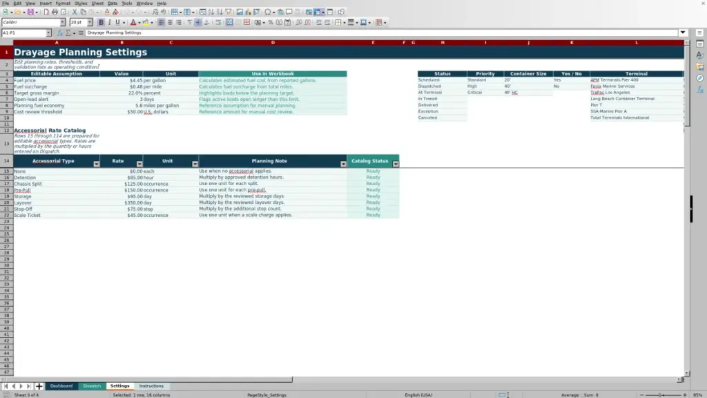 Settings preview for 2026 Drayage Dispatch Spreadsheet in Excel — Free Template