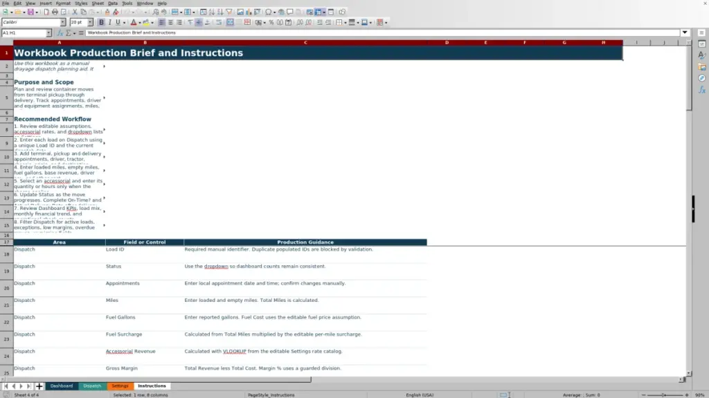 Instructions preview for 2026 Drayage Dispatch Spreadsheet in Excel — Free Template