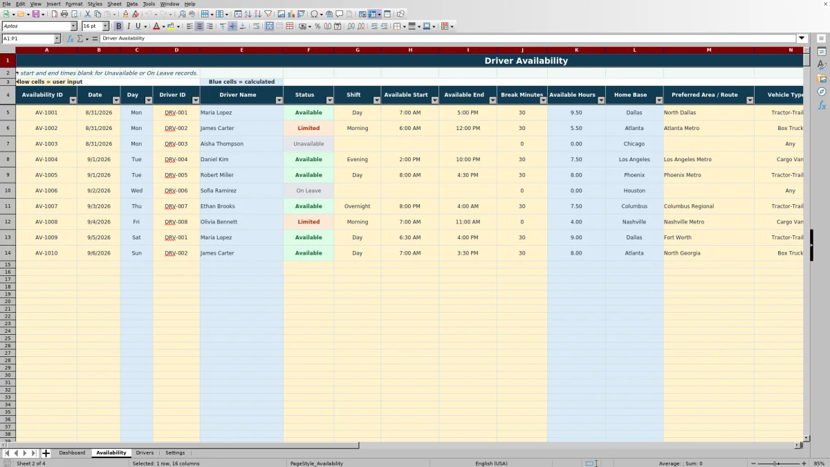 Preview 2: Availability sheet — driver availability spreadsheet