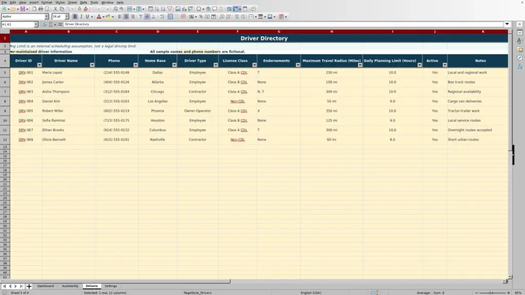 Drivers preview for Driver Availability Spreadsheet for Excel: Free Template for 2026