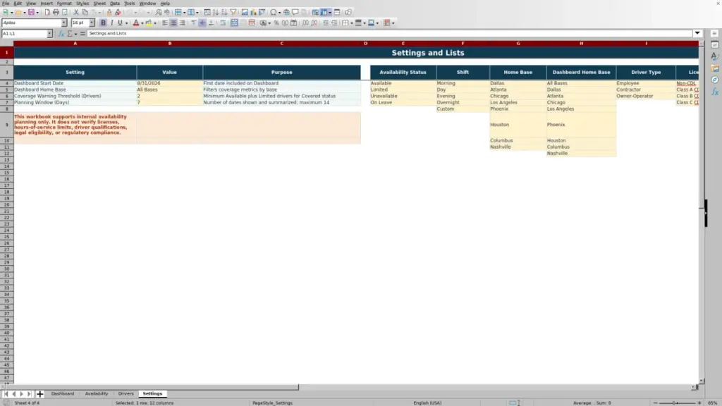 Settings preview for Driver Availability Spreadsheet for Excel: Free Template for 2026