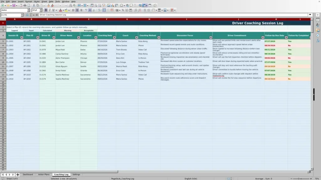 Coaching Log preview for Driver Coaching Action Plan Tracker in Excel: Free Template for 2026