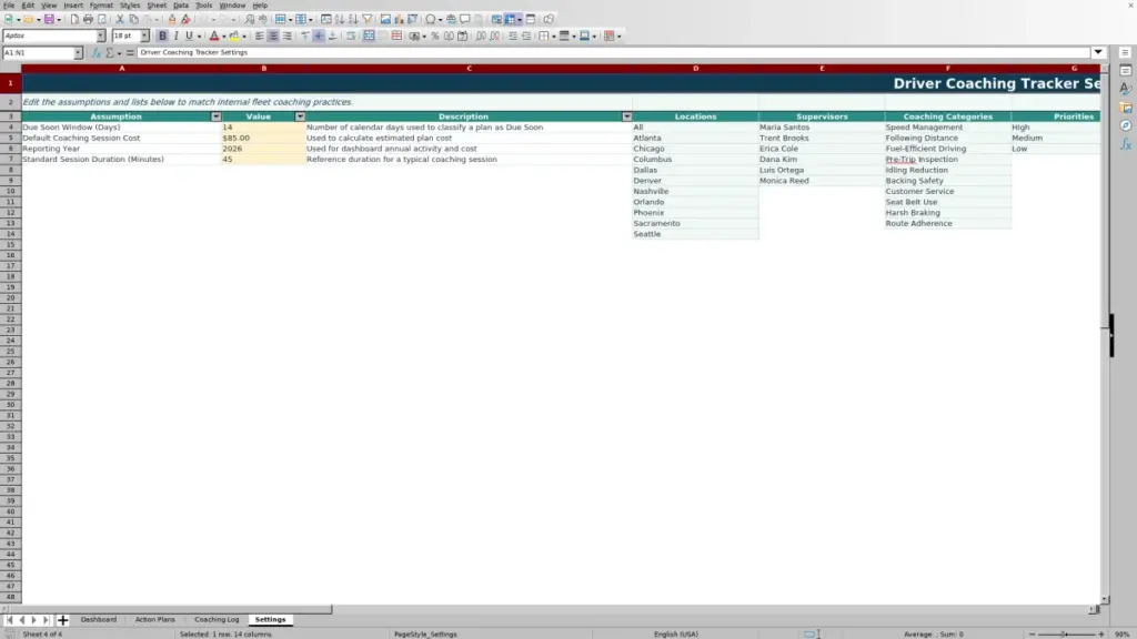 Settings preview for Driver Coaching Action Plan Tracker in Excel: Free Template for 2026
