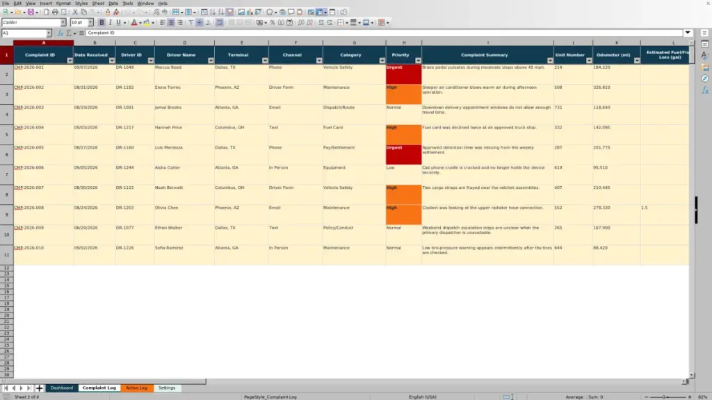Complaint Log preview for 2026 Driver Complaint Tracking Spreadsheet: Free Excel Template
