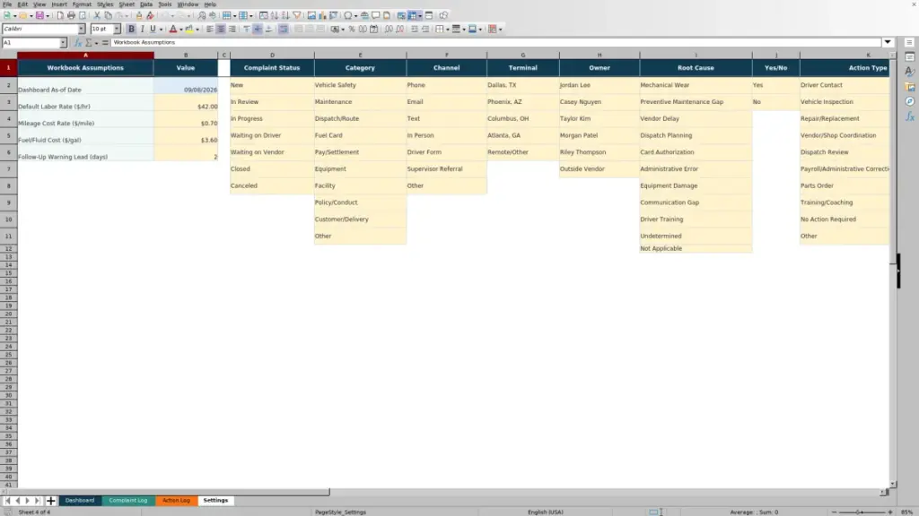 Settings preview for 2026 Driver Complaint Tracking Spreadsheet: Free Excel Template