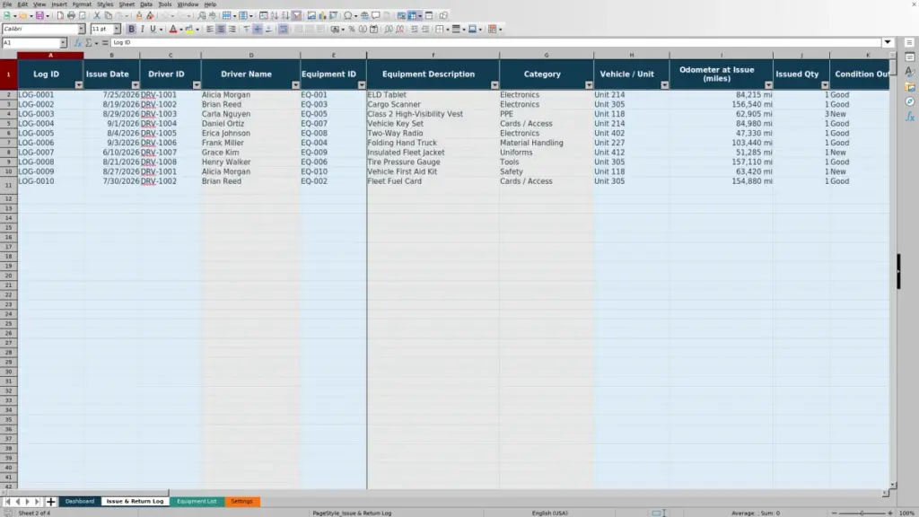 Issue & Return Log preview for Driver Equipment Issue and Return Log Excel: Free Template for 2026