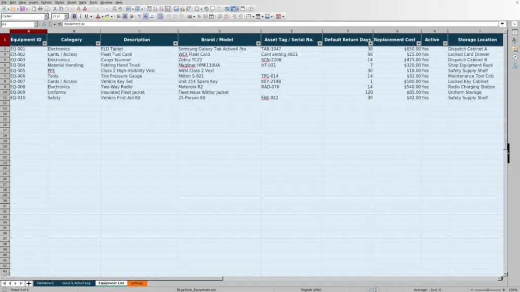 Equipment List preview for Driver Equipment Issue and Return Log Excel: Free Template for 2026