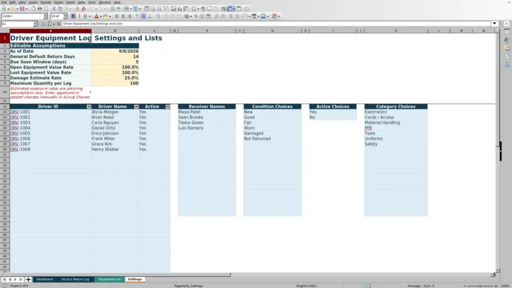 Settings preview for Driver Equipment Issue and Return Log Excel: Free Template for 2026