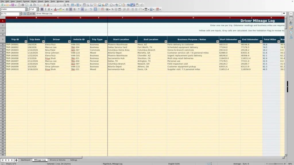 Mileage Log preview for Driver Mileage Log Spreadsheet for Excel: Free Template for 2026