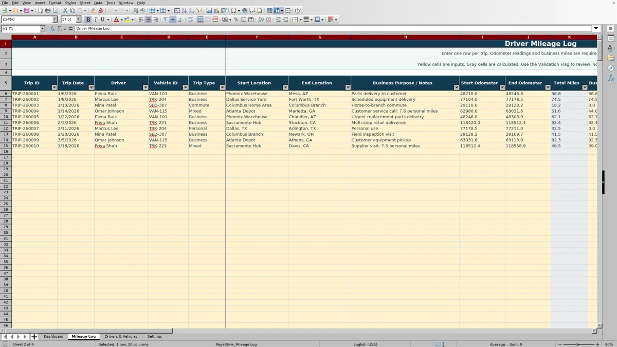 Preview 2: Mileage Log sheet — driver mileage log spreadsheet