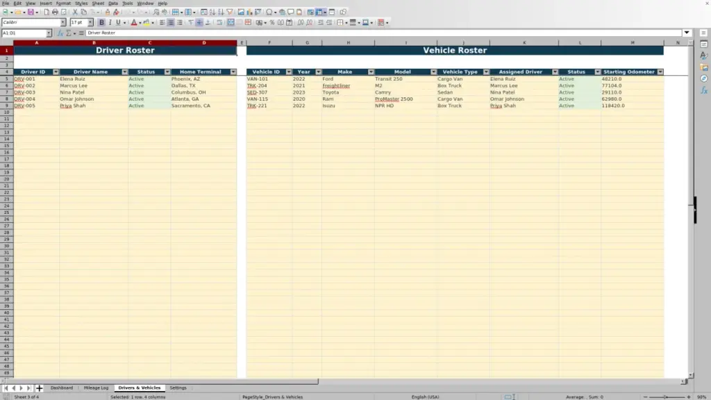 Drivers & Vehicles preview for Driver Mileage Log Spreadsheet for Excel: Free Template for 2026