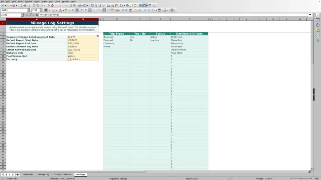 Settings preview for Driver Mileage Log Spreadsheet for Excel: Free Template for 2026