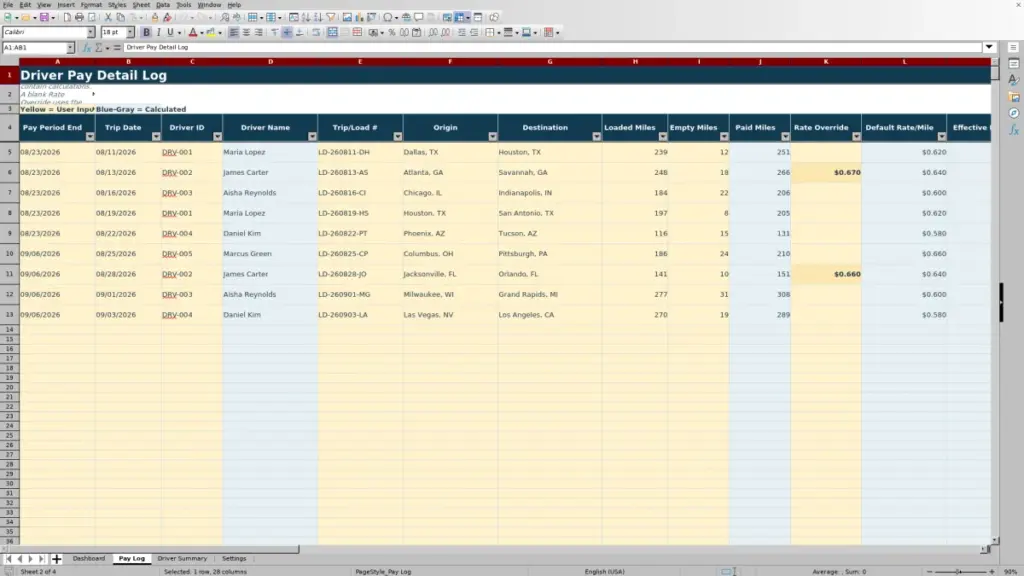 Pay Log preview for 2026 Driver Pay Per Mile Spreadsheet - Free Excel Template