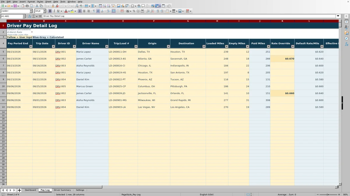Preview 2: Pay Log sheet — driver pay per mile spreadsheet