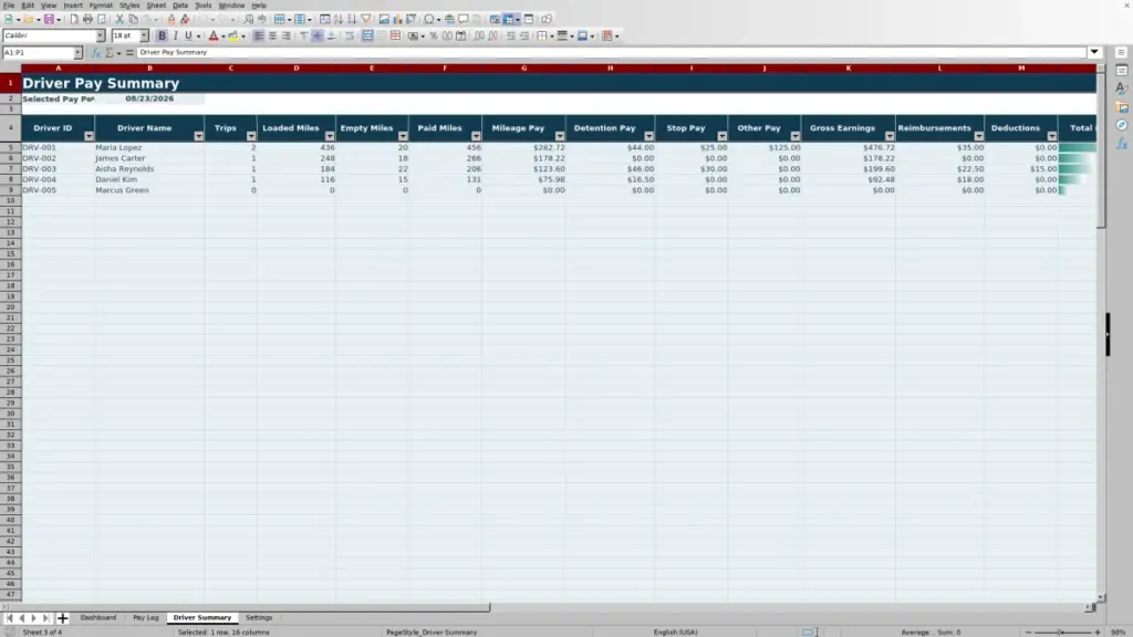 Driver Summary preview for 2026 Driver Pay Per Mile Spreadsheet - Free Excel Template
