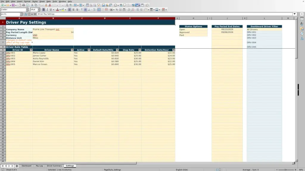 Settings preview for 2026 Driver Pay Per Mile Spreadsheet - Free Excel Template