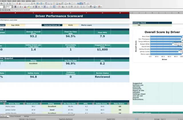Preview 1: Dashboard sheet — driver performance scorecard template Excel