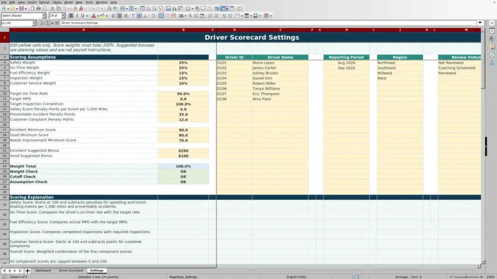 Settings preview for 2026 Driver Performance Scorecard Template for Excel — Free Template