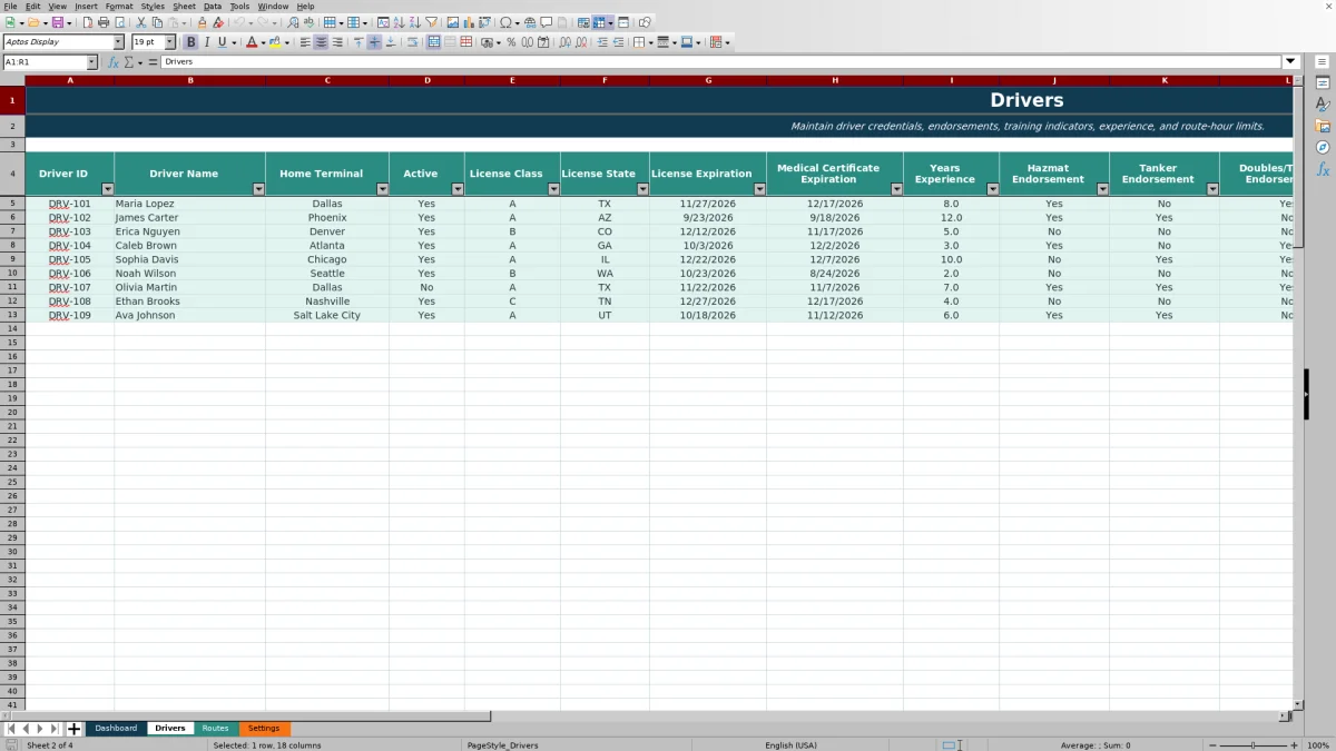 Preview 2: Drivers sheet — driver route qualification matrix