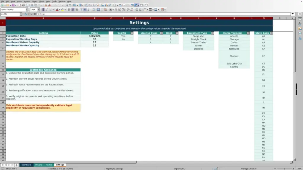 Settings preview for 2026 Driver Route Qualification Matrix Excel Free Template