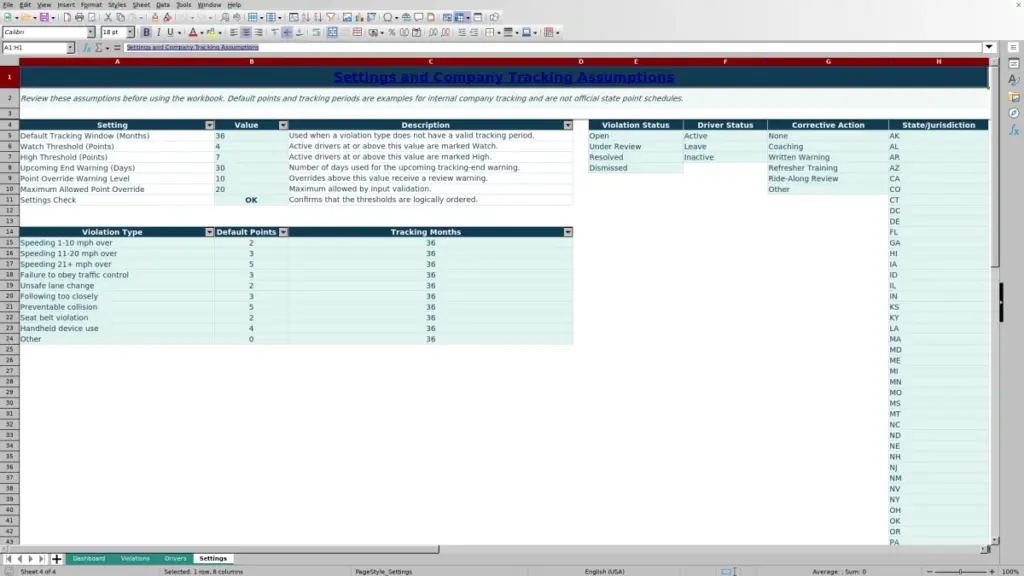 Settings preview for Driver Violation Points Tracker Spreadsheet — Excel Free Template for 2026