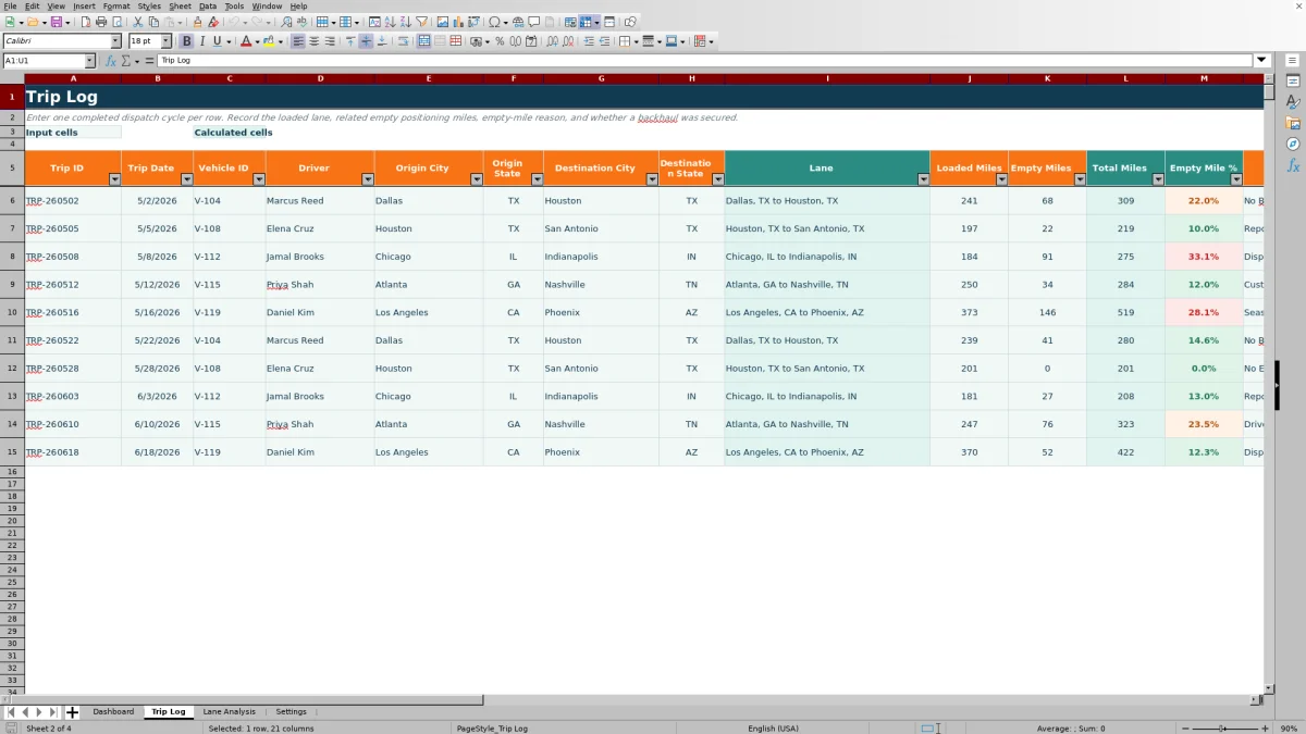 Preview 2: Trip Log sheet — empty miles reduction spreadsheet