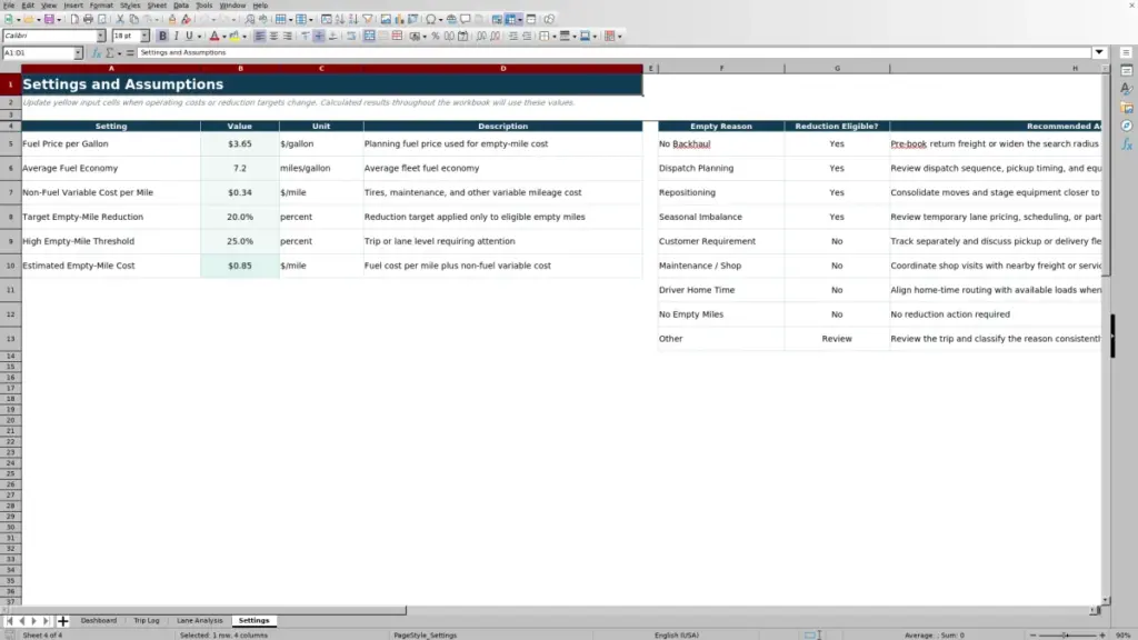 Settings preview for Empty Miles Reduction Spreadsheet for Excel — Free Template for 2026
