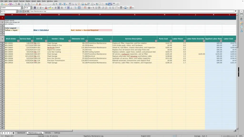Maintenance Log preview for Fleet Maintenance Cost Spreadsheet for Excel - Free Template for 2026