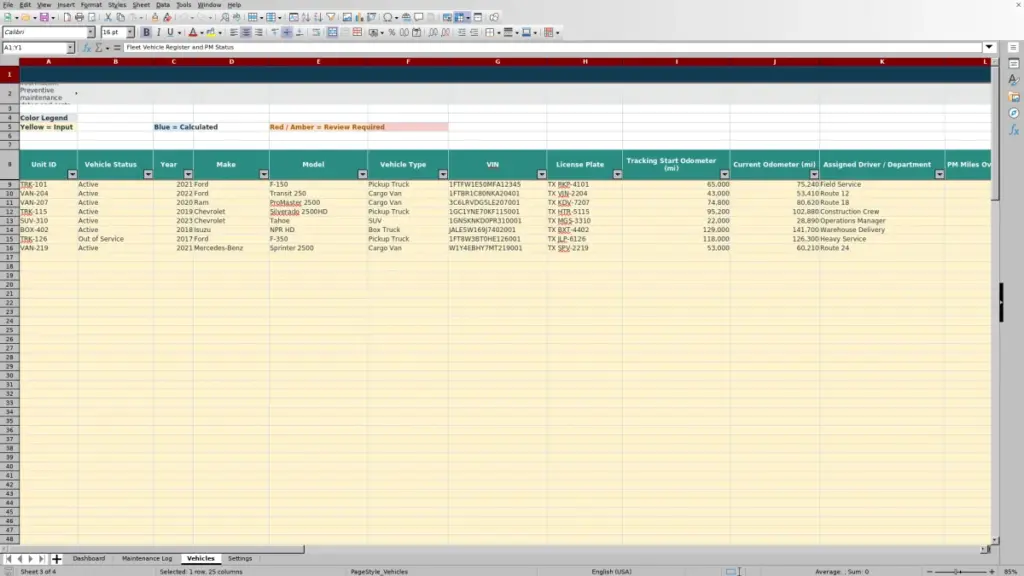 Vehicles preview for Fleet Maintenance Cost Spreadsheet for Excel - Free Template for 2026
