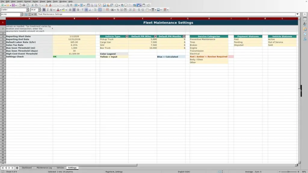 Settings preview for Fleet Maintenance Cost Spreadsheet for Excel - Free Template for 2026
