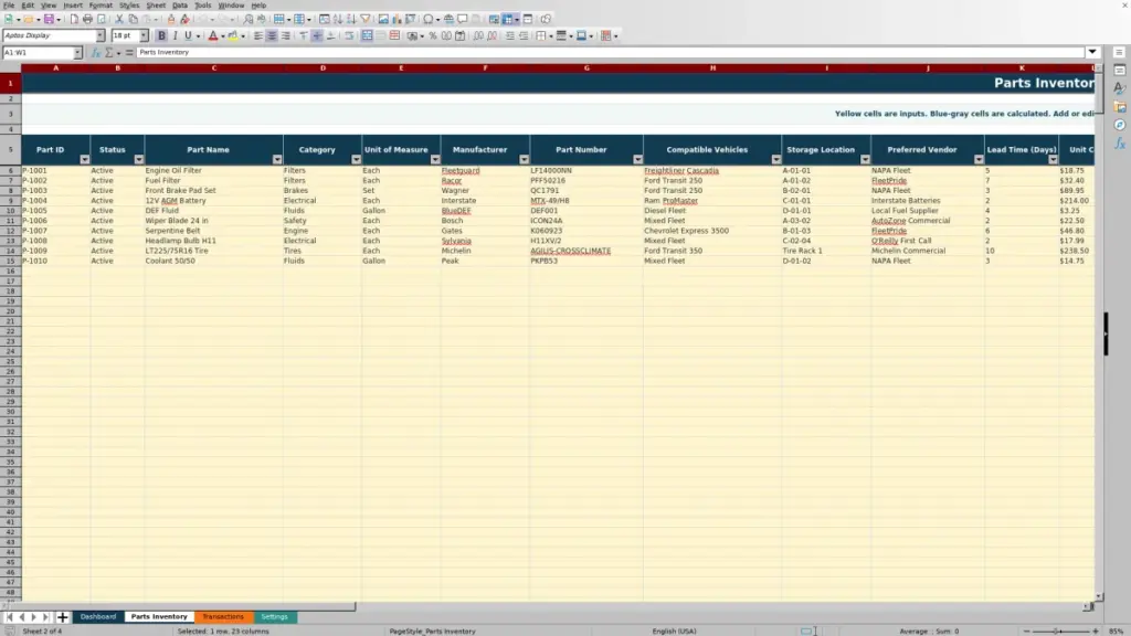Parts Inventory preview for 2026 Fleet Parts Inventory Spreadsheet — Free Excel Template