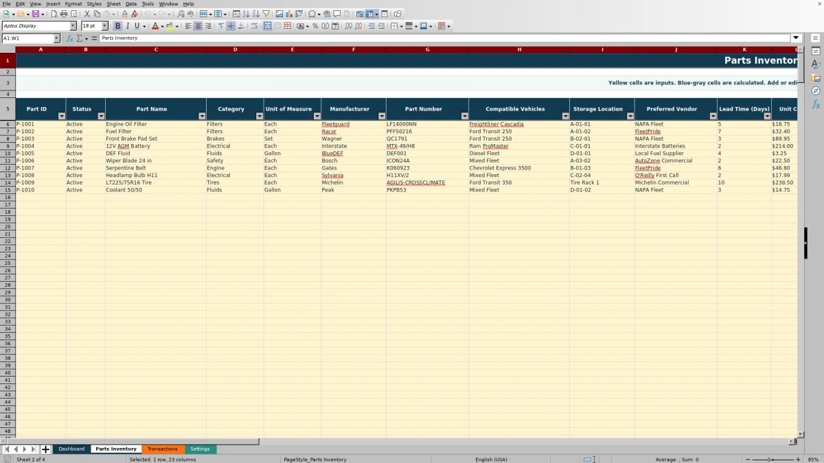 Preview 2: Parts Inventory sheet — fleet parts inventory spreadsheet