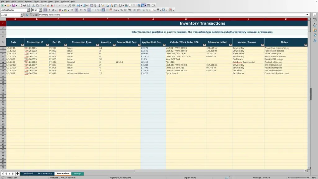 Transactions preview for 2026 Fleet Parts Inventory Spreadsheet — Free Excel Template