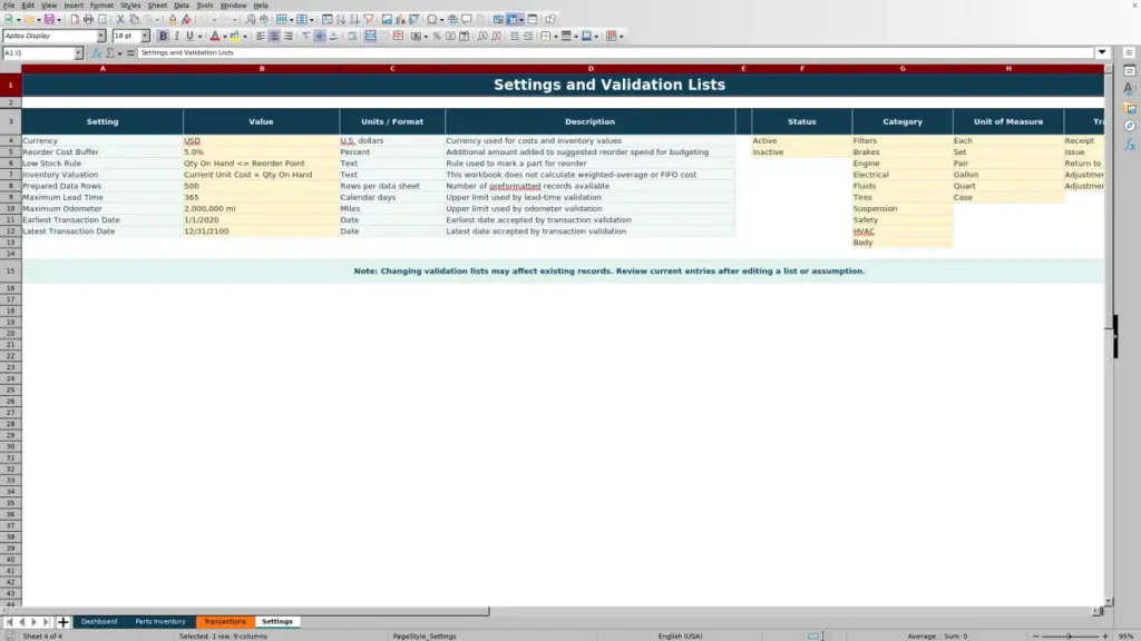 Settings preview for 2026 Fleet Parts Inventory Spreadsheet — Free Excel Template