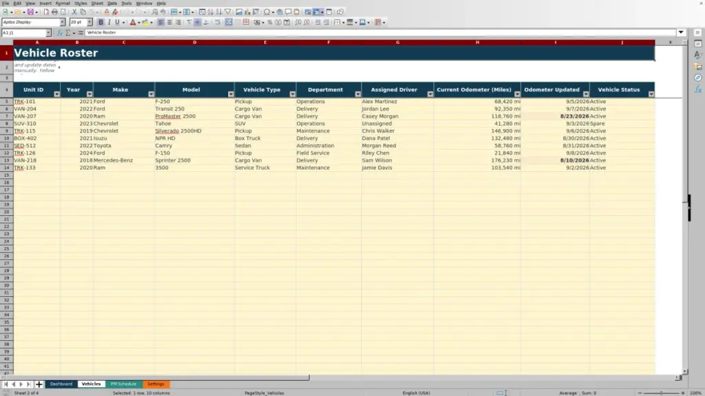 Vehicles preview for Fleet Preventive Maintenance Schedule Excel Free Template for 2026