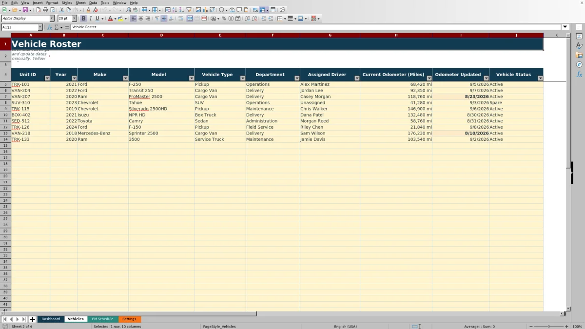 Preview 2: Vehicles sheet — fleet preventive maintenance schedule Excel