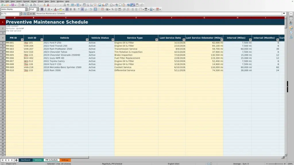 PM Schedule preview for Fleet Preventive Maintenance Schedule Excel Free Template for 2026