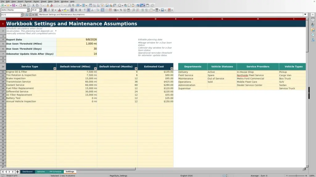 Settings preview for Fleet Preventive Maintenance Schedule Excel Free Template for 2026